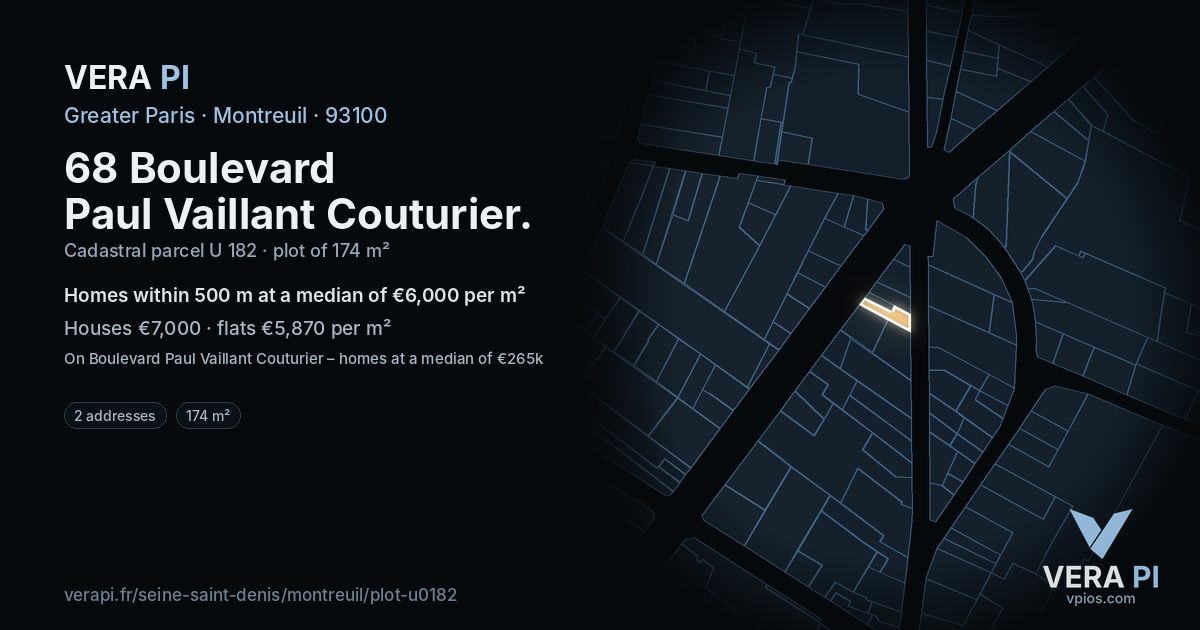 68 Boulevard Paul Vaillant Couturier, Montreuil at night – the plot lit, the parcels around coloured by the prices near them