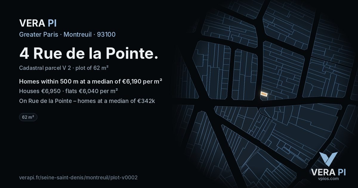 4 Rue de la Pointe, Montreuil at night – the plot lit, the parcels around coloured by the prices near them