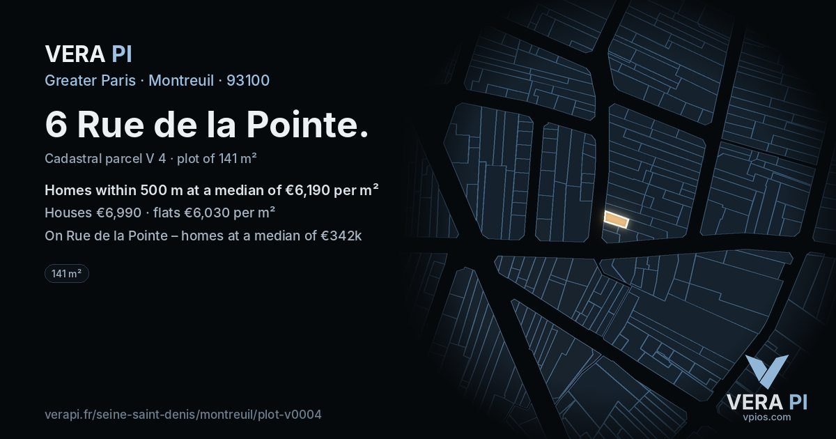 6 Rue de la Pointe, Montreuil at night – the plot lit, the parcels around coloured by the prices near them