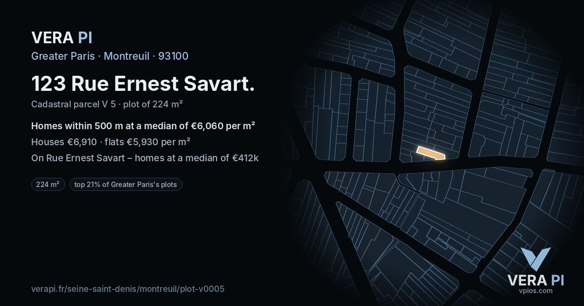 123 Rue Ernest Savart, Montreuil at night – the plot lit, the parcels around coloured by the prices near them