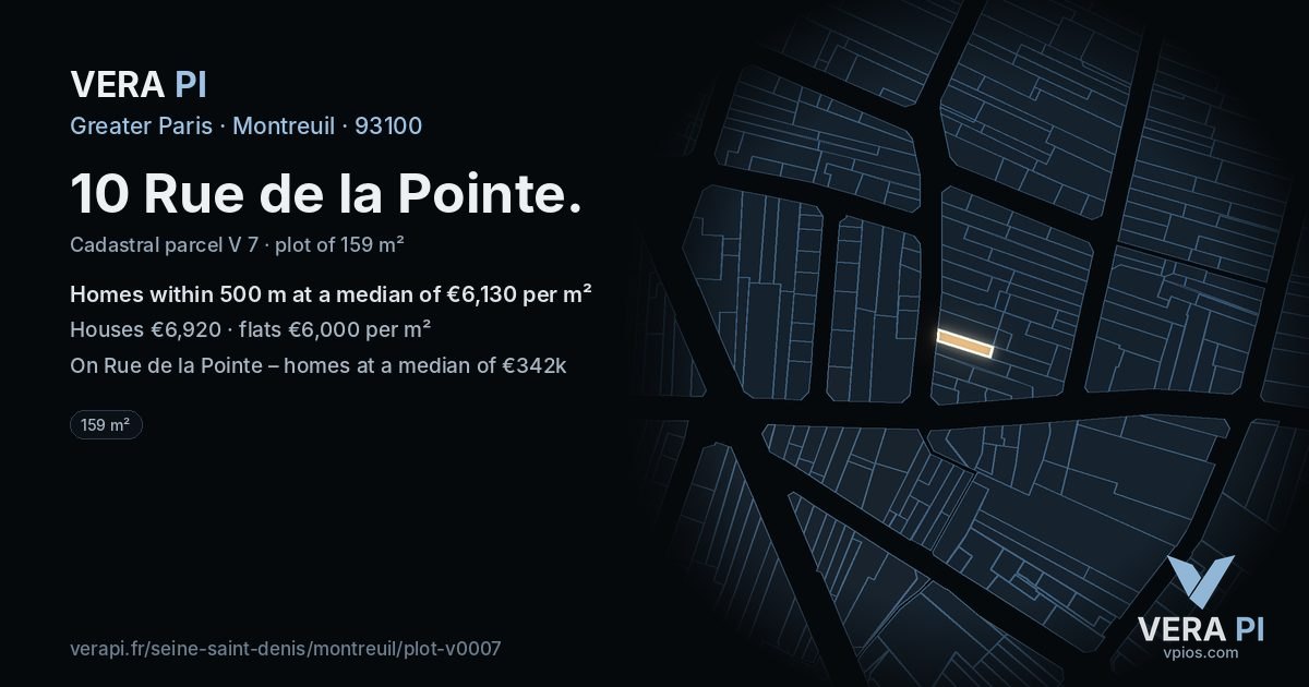 10 Rue de la Pointe, Montreuil at night – the plot lit, the parcels around coloured by the prices near them