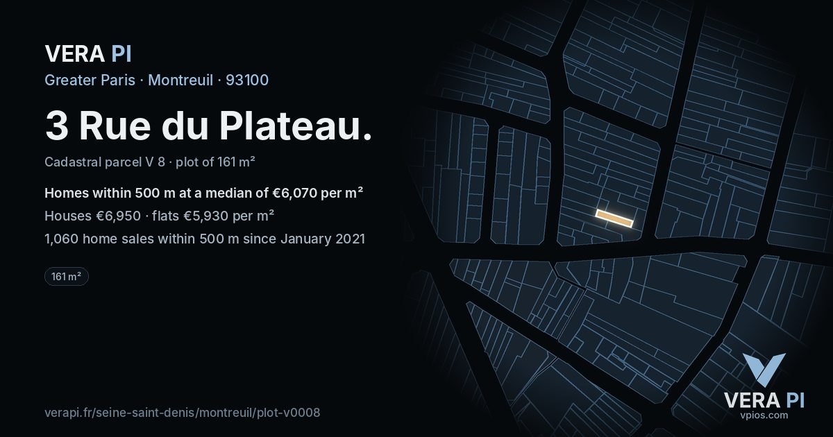 3 Rue du Plateau, Montreuil at night – the plot lit, the parcels around coloured by the prices near them