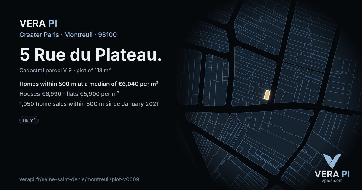 5 Rue du Plateau, Montreuil at night – the plot lit, the parcels around coloured by the prices near them
