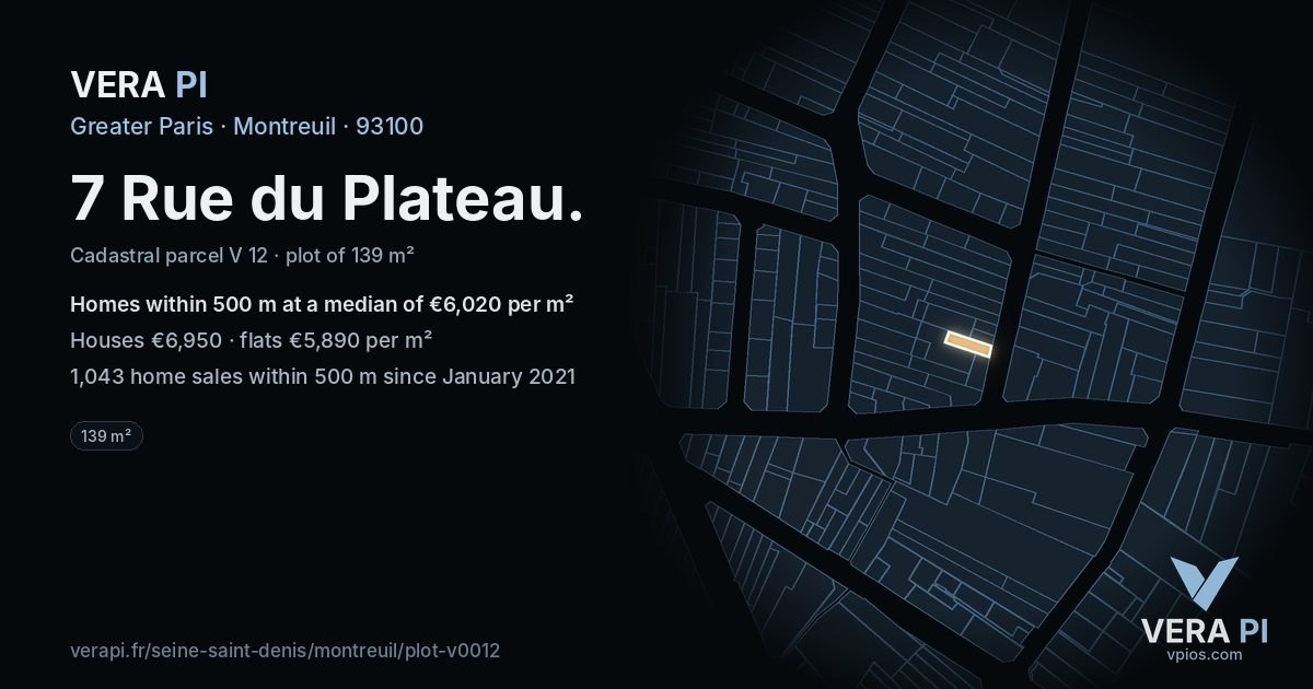 7 Rue du Plateau, Montreuil at night – the plot lit, the parcels around coloured by the prices near them