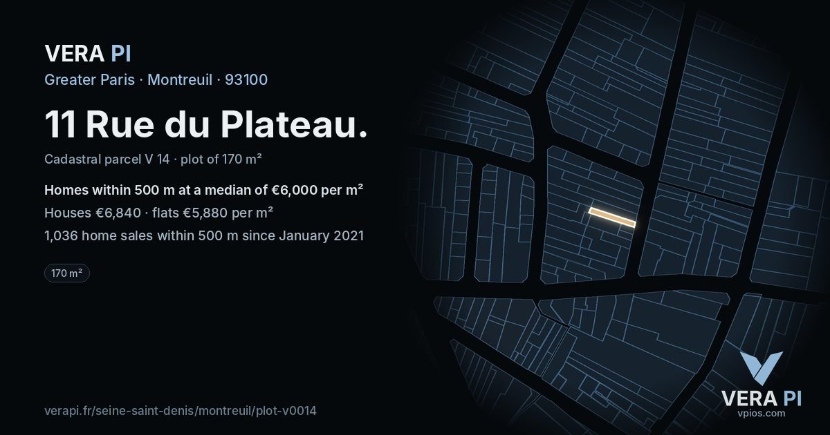 11 Rue du Plateau, Montreuil at night – the plot lit, the parcels around coloured by the prices near them