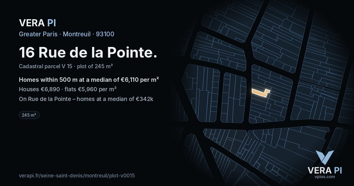 16 Rue de la Pointe, Montreuil at night – the plot lit, the parcels around coloured by the prices near them