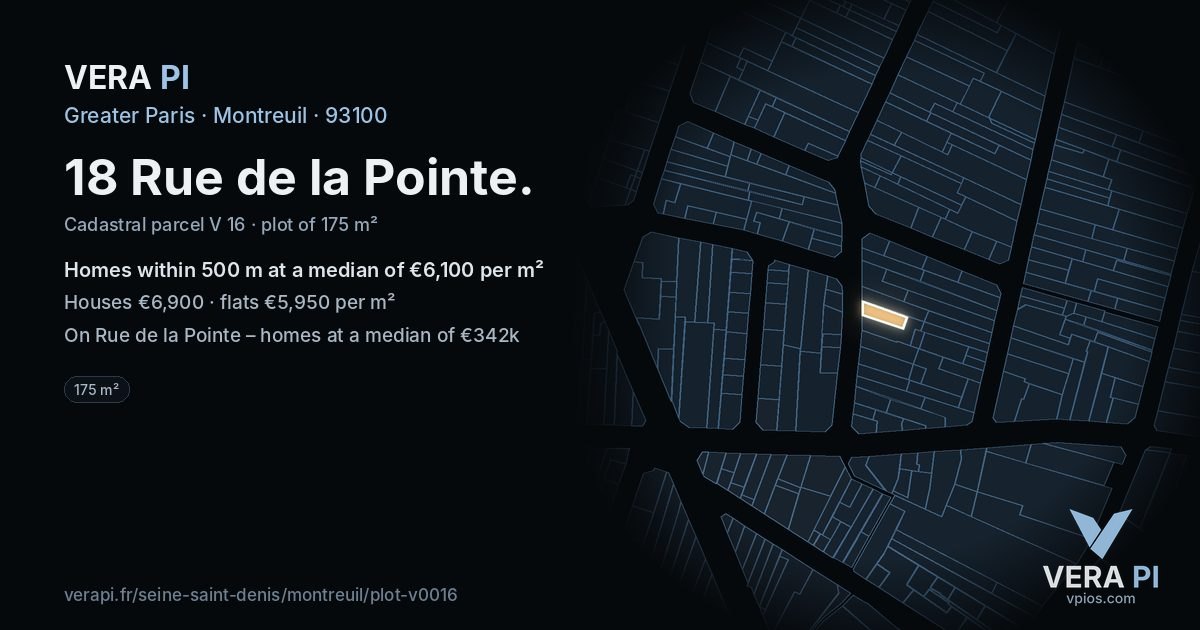 18 Rue de la Pointe, Montreuil at night – the plot lit, the parcels around coloured by the prices near them