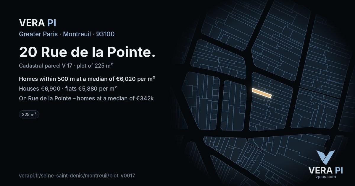20 Rue de la Pointe, Montreuil at night – the plot lit, the parcels around coloured by the prices near them