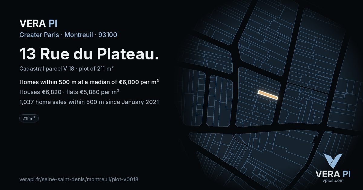 13 Rue du Plateau, Montreuil at night – the plot lit, the parcels around coloured by the prices near them