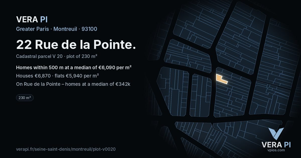 22 Rue de la Pointe, Montreuil at night – the plot lit, the parcels around coloured by the prices near them
