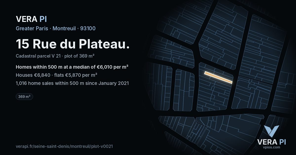 15 Rue du Plateau, Montreuil at night – the plot lit, the parcels around coloured by the prices near them