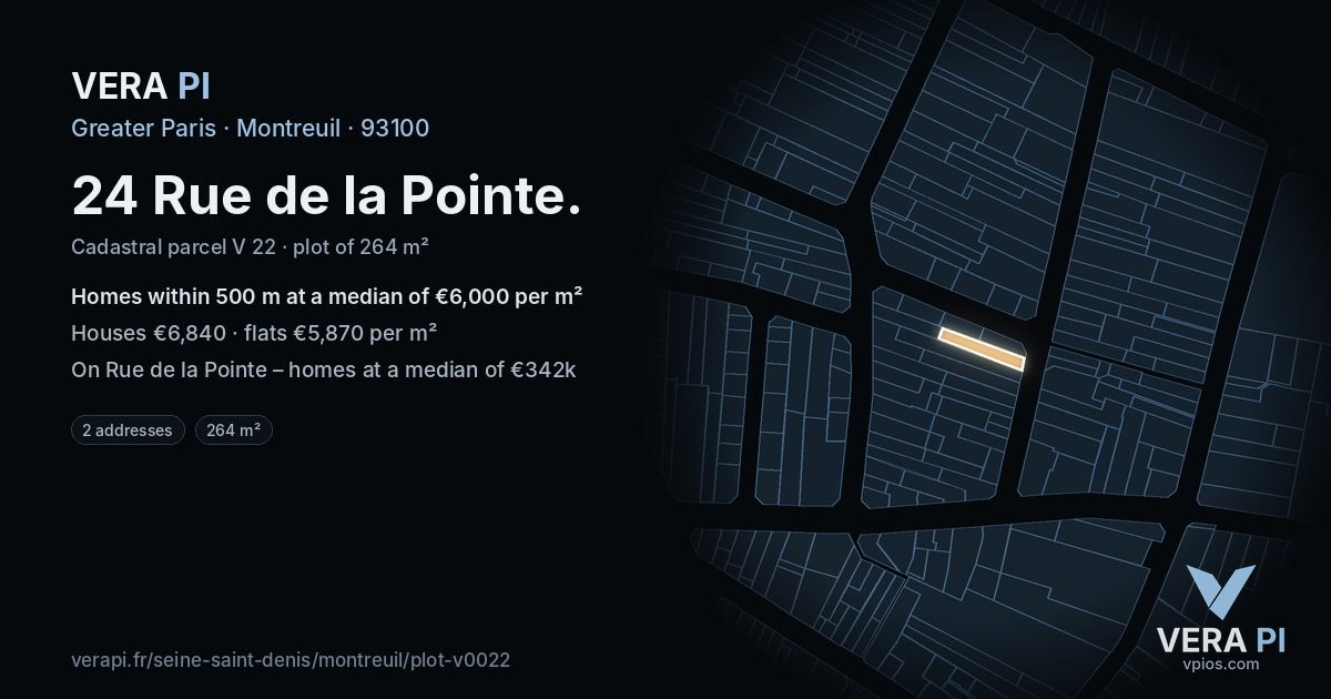 24 Rue de la Pointe, Montreuil at night – the plot lit, the parcels around coloured by the prices near them