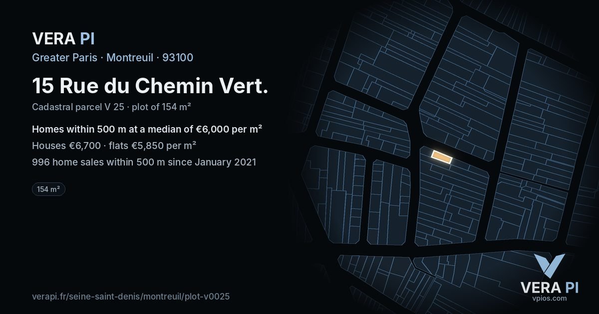 15 Rue du Chemin Vert, Montreuil at night – the plot lit, the parcels around coloured by the prices near them