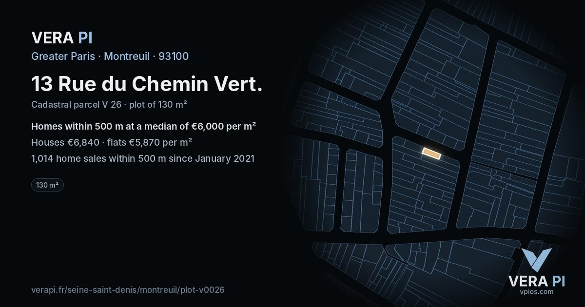 13 Rue du Chemin Vert, Montreuil at night – the plot lit, the parcels around coloured by the prices near them