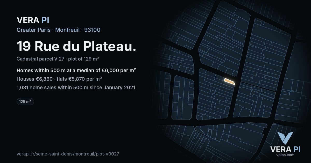 19 Rue du Plateau, Montreuil at night – the plot lit, the parcels around coloured by the prices near them