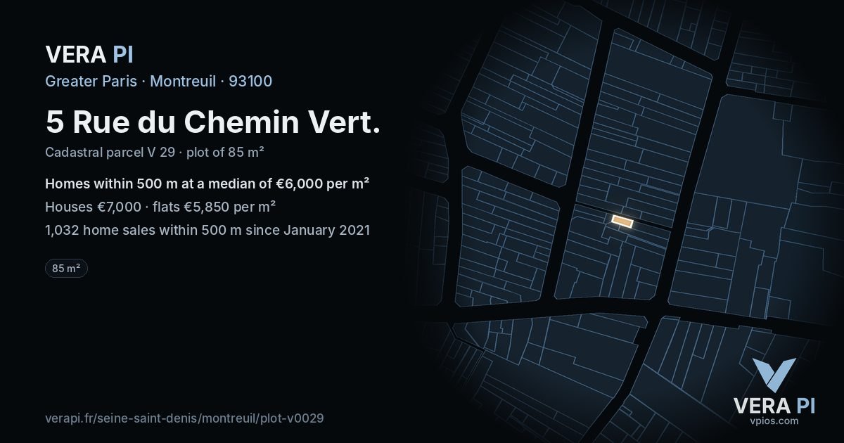 5 Rue du Chemin Vert, Montreuil at night – the plot lit, the parcels around coloured by the prices near them