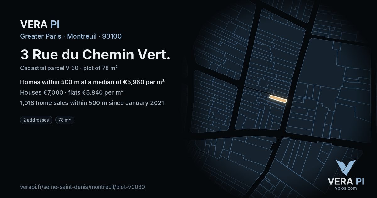 3 Rue du Chemin Vert, Montreuil at night – the plot lit, the parcels around coloured by the prices near them