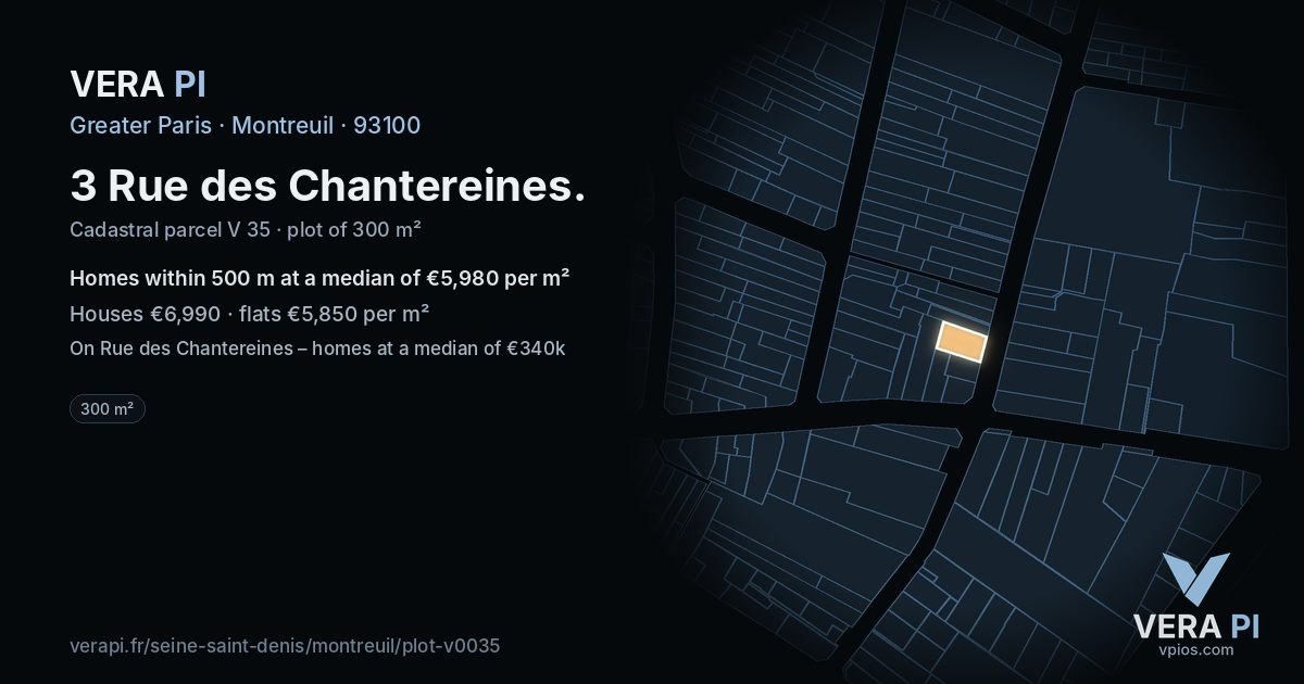 3 Rue des Chantereines, Montreuil at night – the plot lit, the parcels around coloured by the prices near them