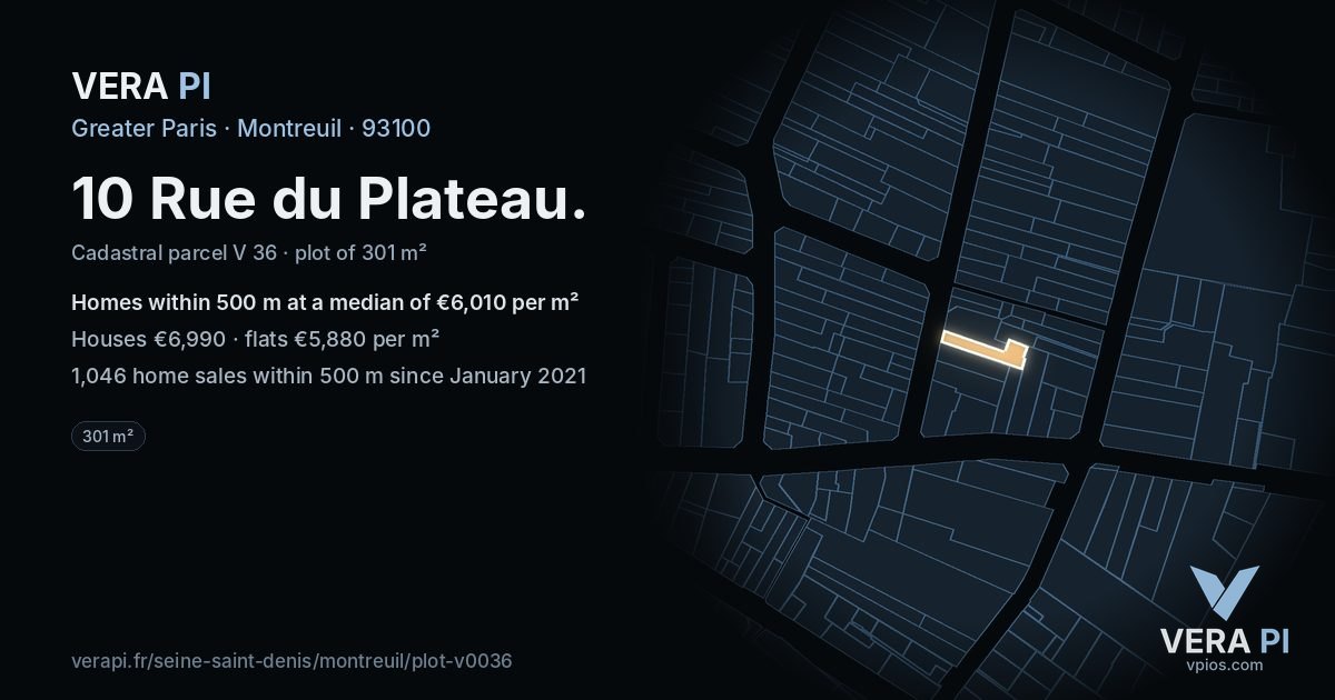 10 Rue du Plateau, Montreuil at night – the plot lit, the parcels around coloured by the prices near them
