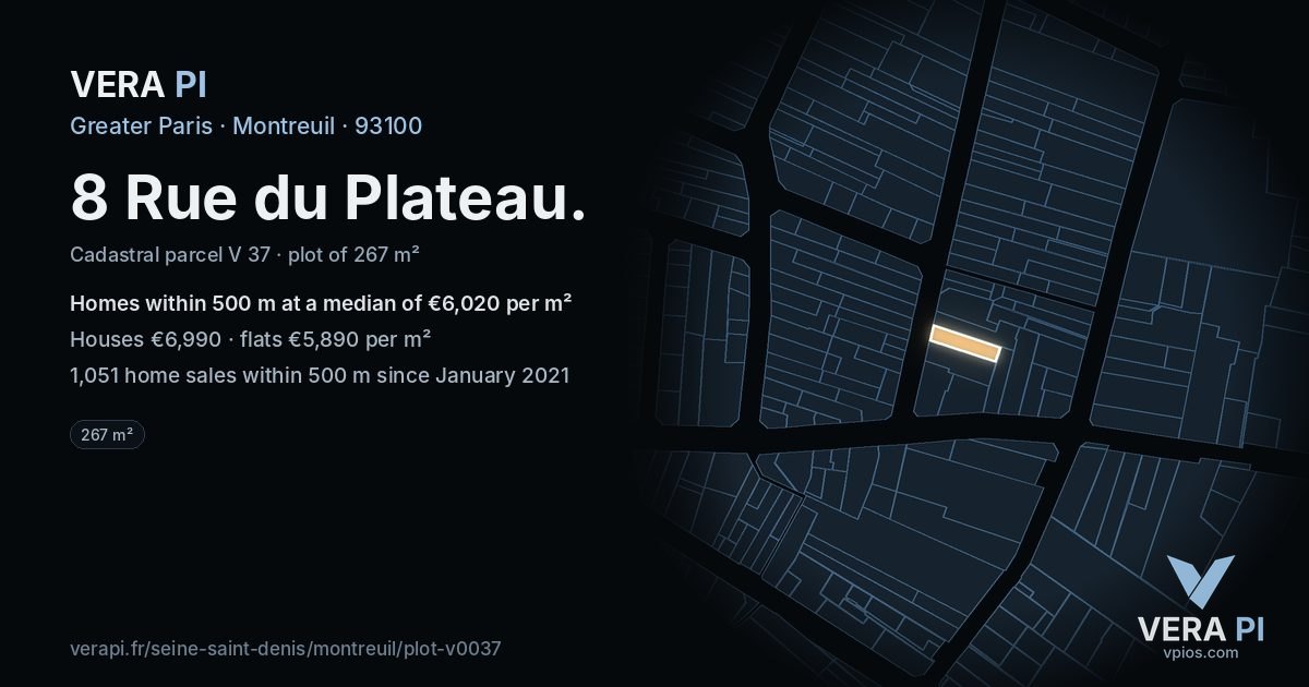 8 Rue du Plateau, Montreuil at night – the plot lit, the parcels around coloured by the prices near them