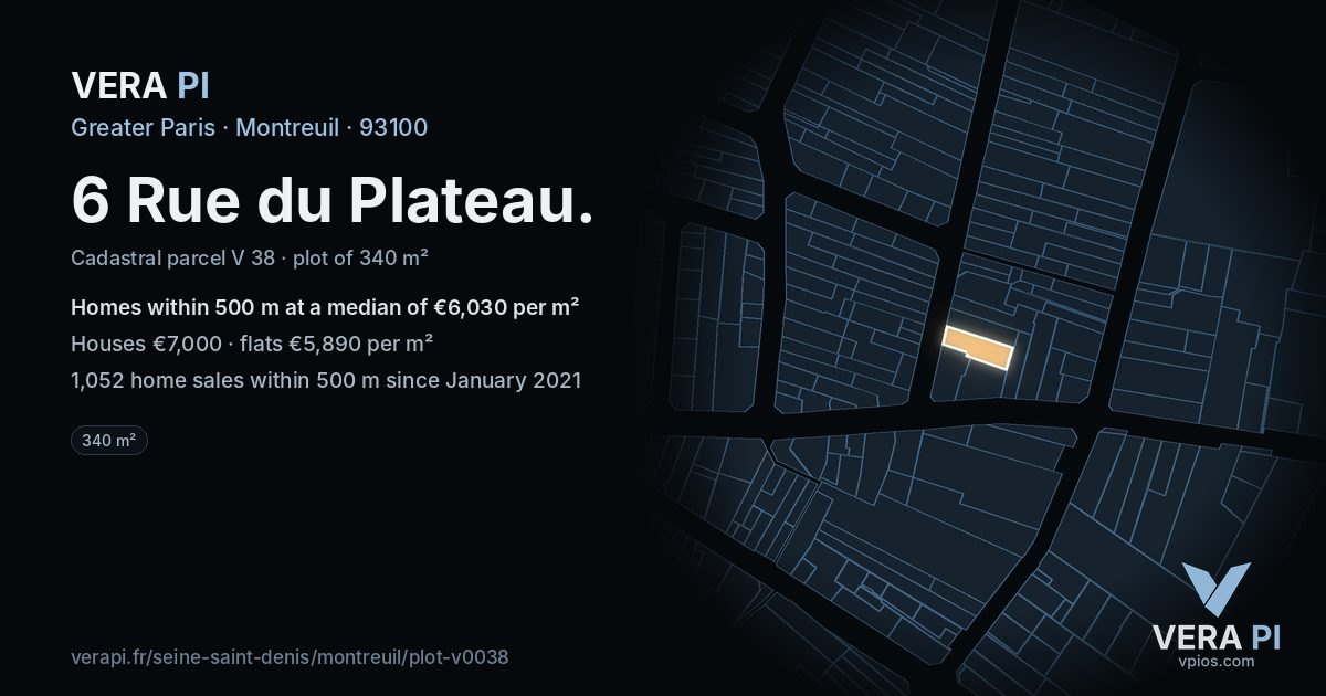 6 Rue du Plateau, Montreuil at night – the plot lit, the parcels around coloured by the prices near them