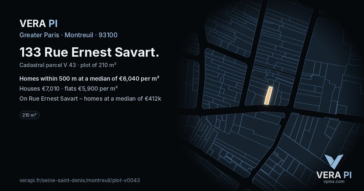 133 Rue Ernest Savart, Montreuil at night – the plot lit, the parcels around coloured by the prices near them
