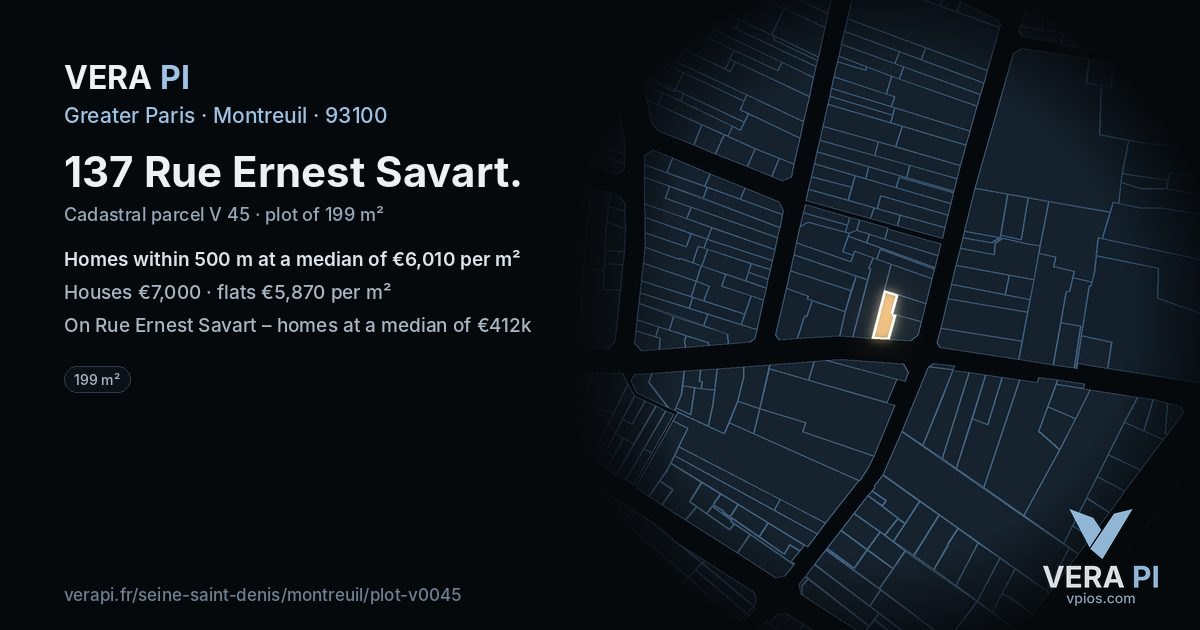 137 Rue Ernest Savart, Montreuil at night – the plot lit, the parcels around coloured by the prices near them