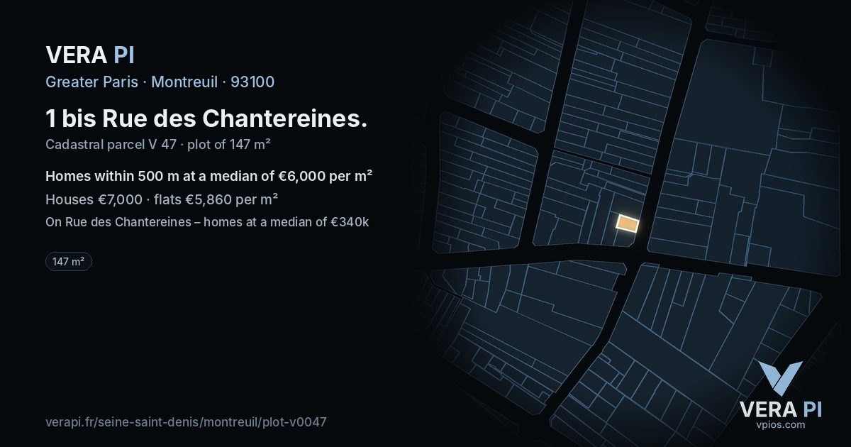 1 bis Rue des Chantereines, Montreuil at night – the plot lit, the parcels around coloured by the prices near them