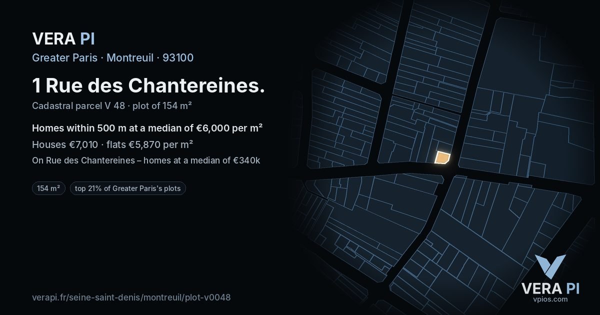 1 Rue des Chantereines, Montreuil at night – the plot lit, the parcels around coloured by the prices near them