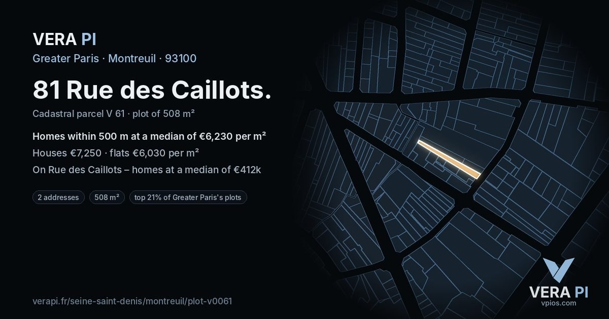 81 Rue des Caillots, Montreuil at night – the plot lit, the parcels around coloured by the prices near them