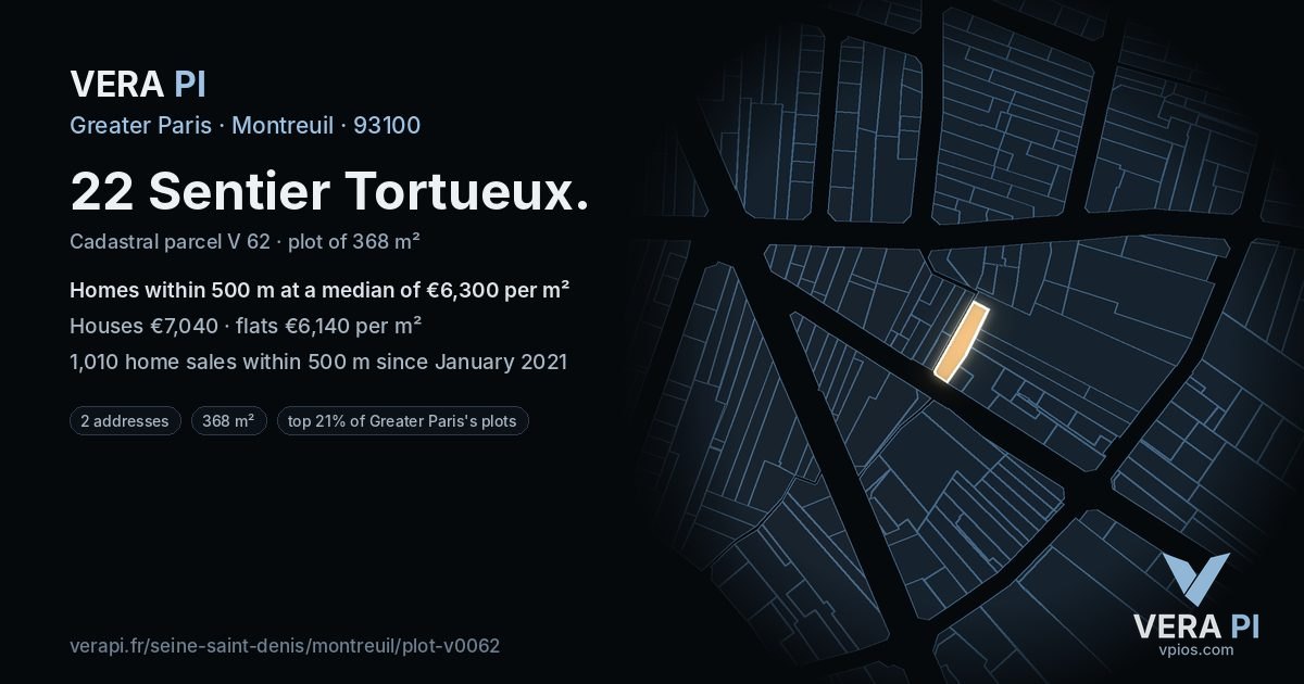 22 Sentier Tortueux, Montreuil at night – the plot lit, the parcels around coloured by the prices near them