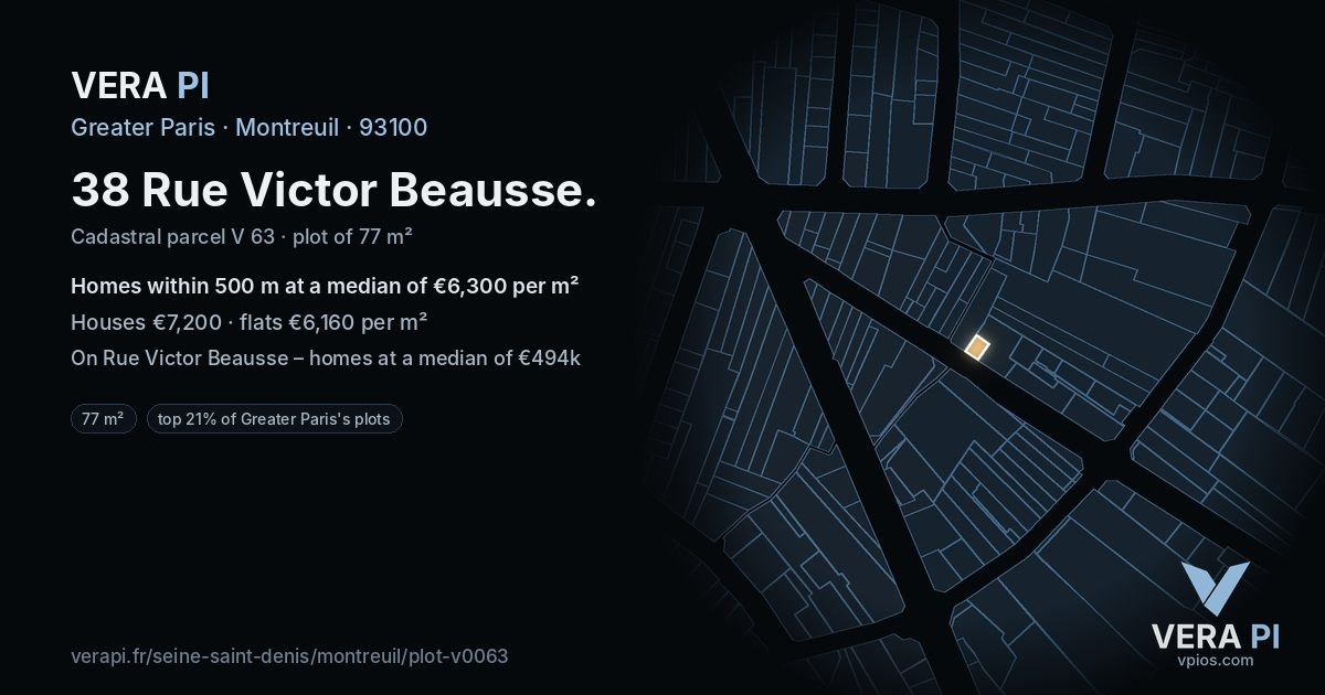38 Rue Victor Beausse, Montreuil at night – the plot lit, the parcels around coloured by the prices near them