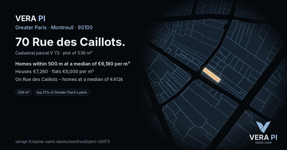 70 Rue des Caillots, Montreuil at night – the plot lit, the parcels around coloured by the prices near them