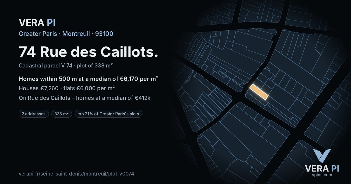 74 Rue des Caillots, Montreuil at night – the plot lit, the parcels around coloured by the prices near them