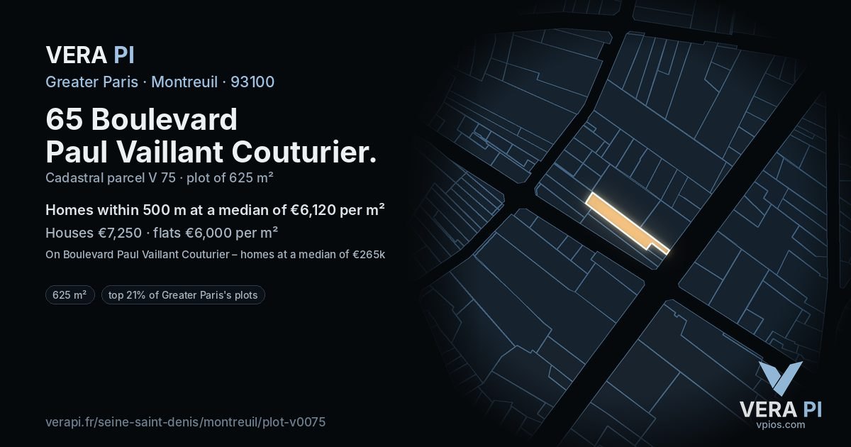 65 Boulevard Paul Vaillant Couturier, Montreuil at night – the plot lit, the parcels around coloured by the prices near them