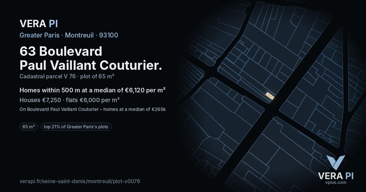63 Boulevard Paul Vaillant Couturier, Montreuil at night – the plot lit, the parcels around coloured by the prices near them