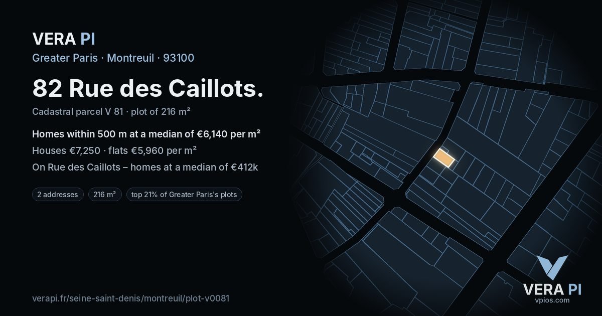 82 Rue des Caillots, Montreuil at night – the plot lit, the parcels around coloured by the prices near them