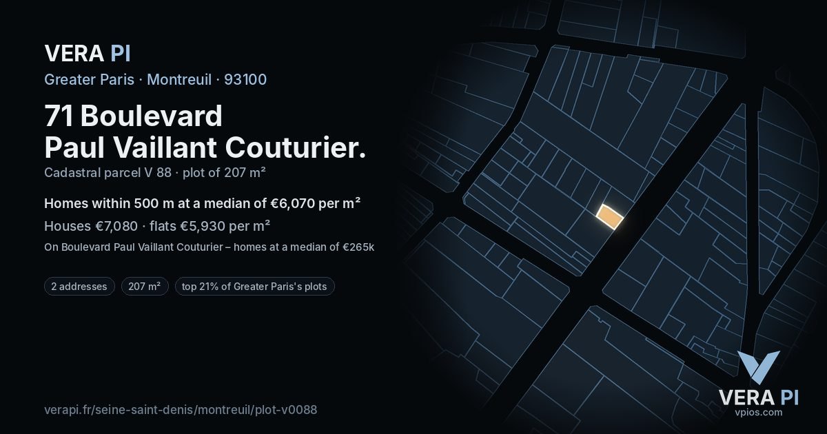 71 Boulevard Paul Vaillant Couturier, Montreuil at night – the plot lit, the parcels around coloured by the prices near them