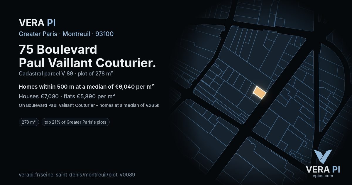 75 Boulevard Paul Vaillant Couturier, Montreuil at night – the plot lit, the parcels around coloured by the prices near them