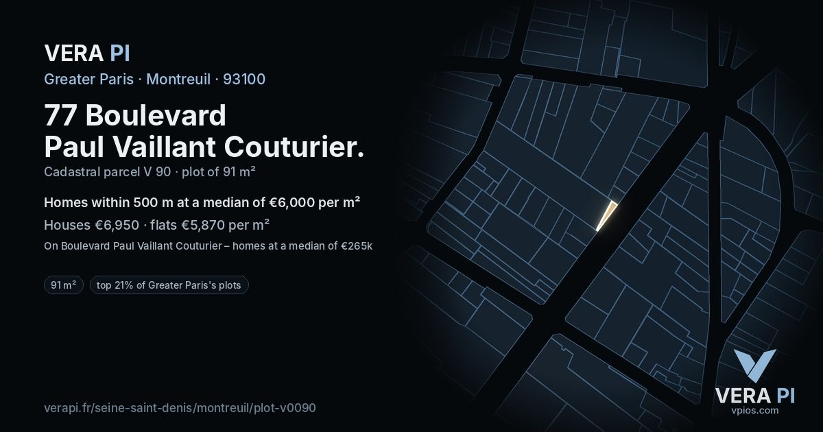 77 Boulevard Paul Vaillant Couturier, Montreuil at night – the plot lit, the parcels around coloured by the prices near them