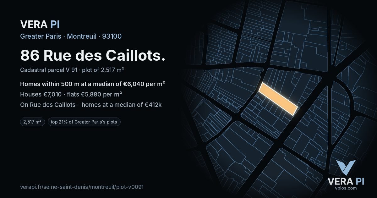 86 Rue des Caillots, Montreuil at night – the plot lit, the parcels around coloured by the prices near them