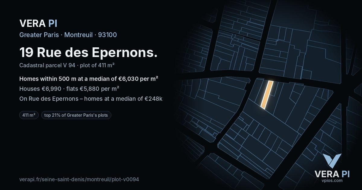 19 Rue des Epernons, Montreuil at night – the plot lit, the parcels around coloured by the prices near them
