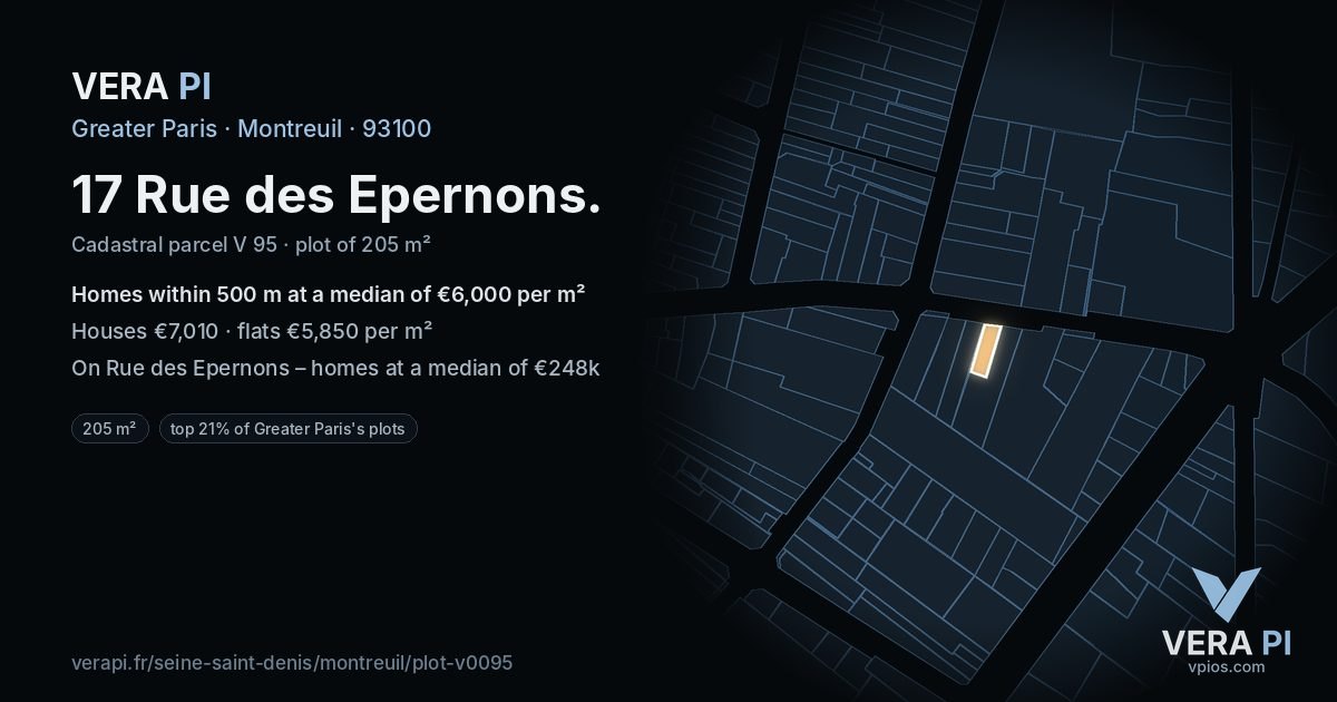 17 Rue des Epernons, Montreuil at night – the plot lit, the parcels around coloured by the prices near them