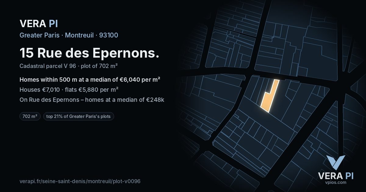 15 Rue des Epernons, Montreuil at night – the plot lit, the parcels around coloured by the prices near them