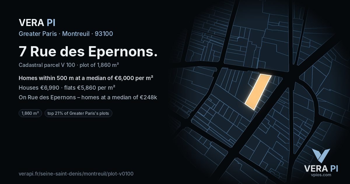 7 Rue des Epernons, Montreuil at night – the plot lit, the parcels around coloured by the prices near them