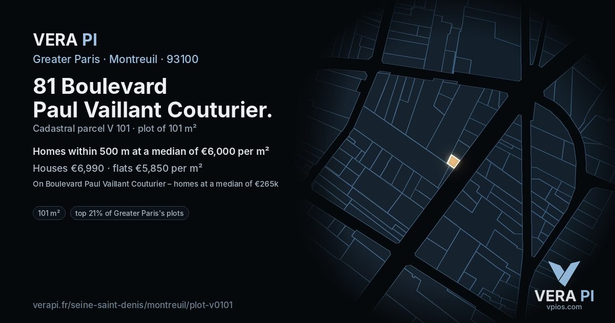 81 Boulevard Paul Vaillant Couturier, Montreuil at night – the plot lit, the parcels around coloured by the prices near them