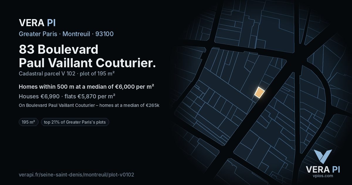 83 Boulevard Paul Vaillant Couturier, Montreuil at night – the plot lit, the parcels around coloured by the prices near them