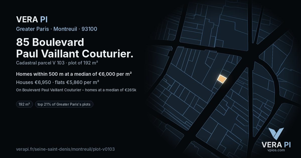 85 Boulevard Paul Vaillant Couturier, Montreuil at night – the plot lit, the parcels around coloured by the prices near them