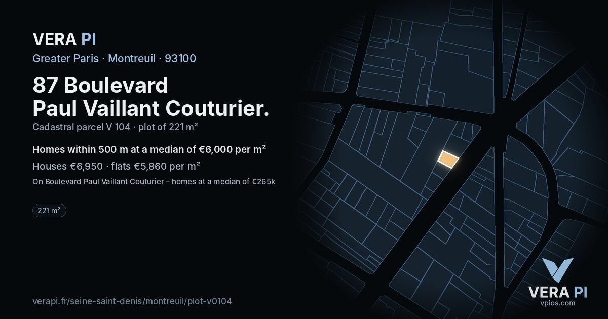 87 Boulevard Paul Vaillant Couturier, Montreuil at night – the plot lit, the parcels around coloured by the prices near them