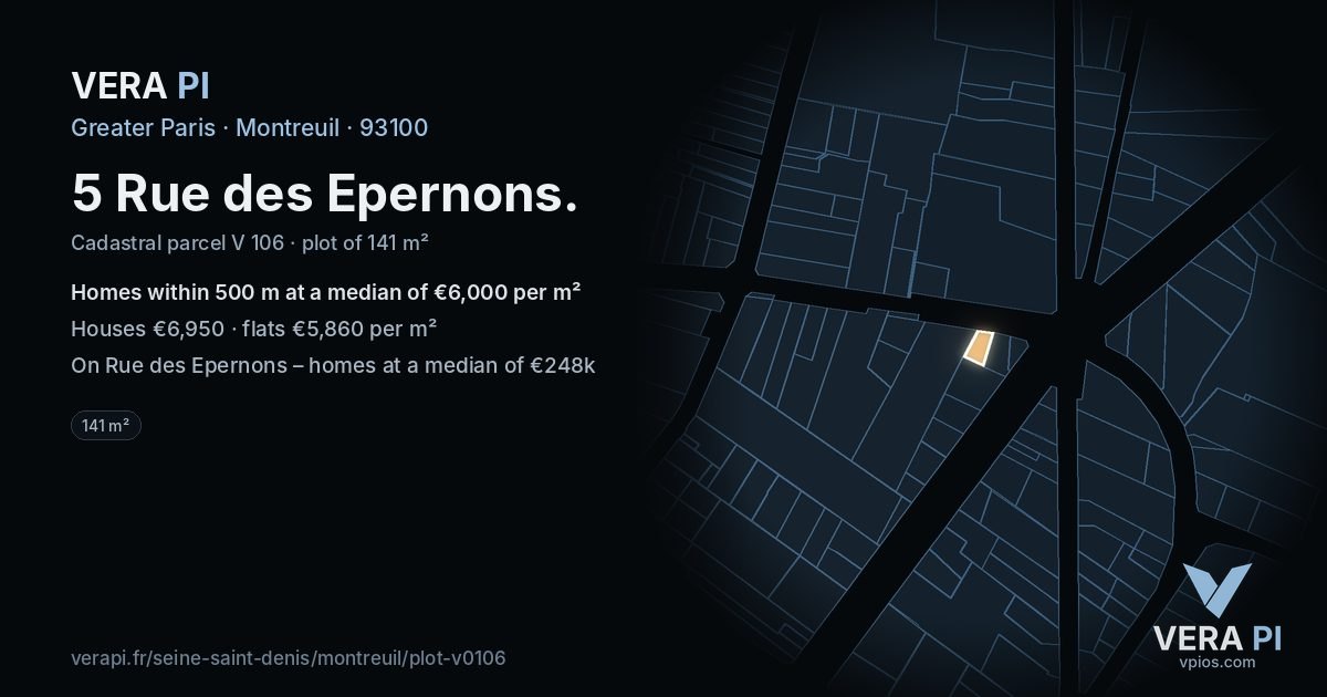 5 Rue des Epernons, Montreuil at night – the plot lit, the parcels around coloured by the prices near them